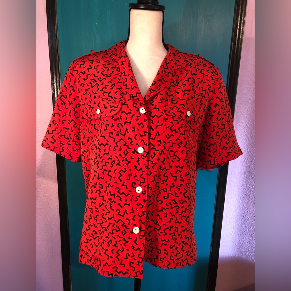 Vintage Chaus Short Sleeve Art Deco Blouse Size L